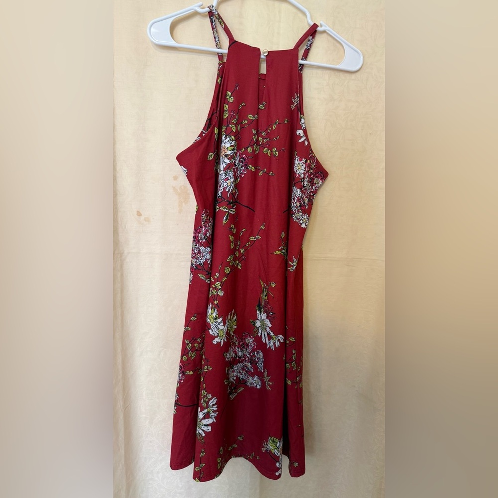 Burgundy Floral Print Dress, Women’s Size Medium, High Neck, Stretchy Knit Dress - Picture 7 of 8